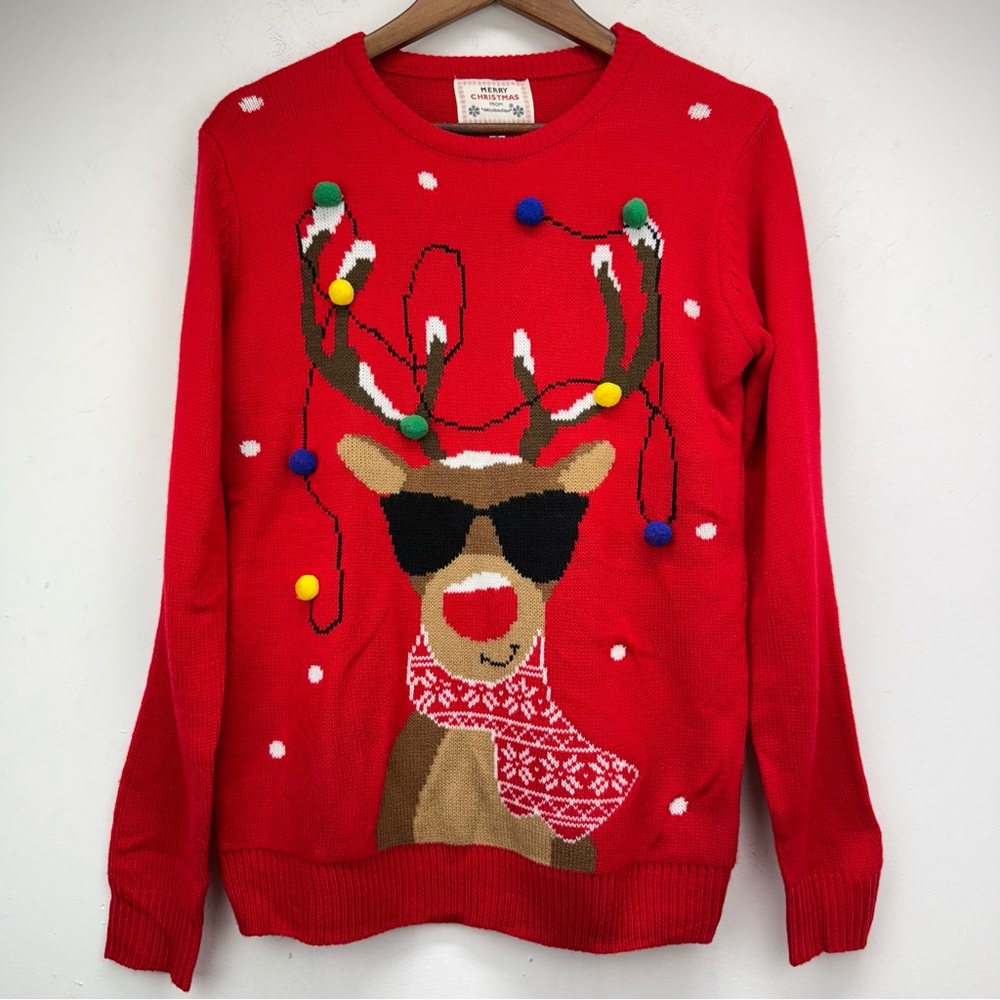 Daisys Boutique size Small Women’s Red Rudolph Pom Pom Ugly Christmas Sweater